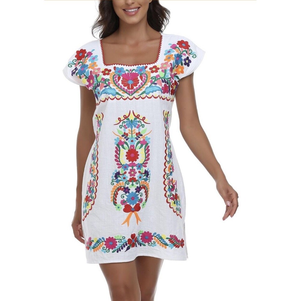 Women's Mexican Embroidered Dress Floral Short Sleeve Boho Mini Dress Size XXXL